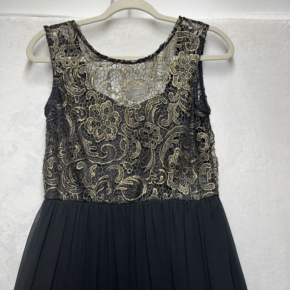 Club L Maxi Dress Women’s Sz 12 Black Gold‎ Floral Lace Top Formal Shift